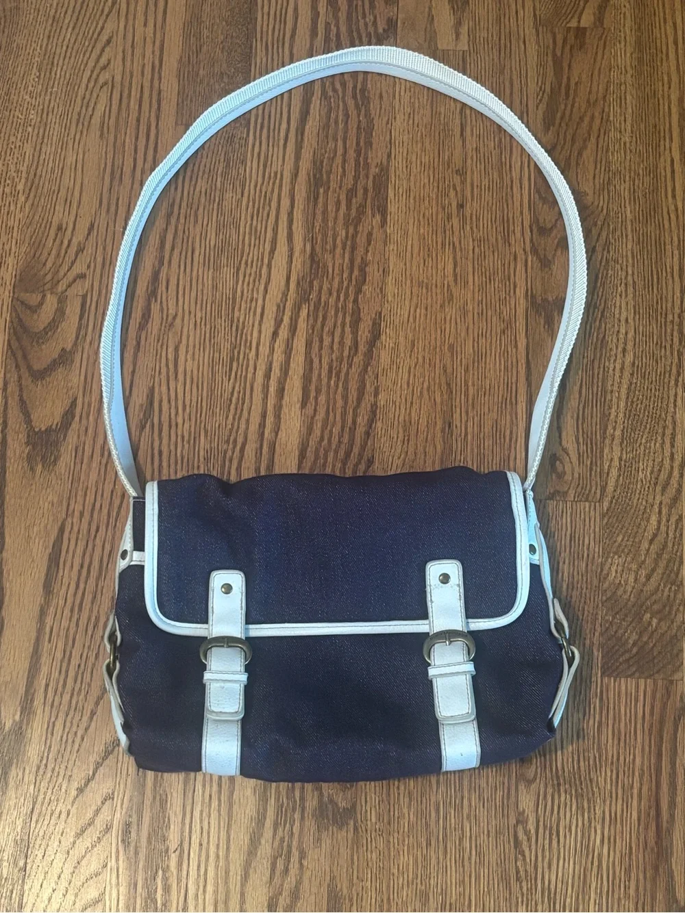 Vintage Stone Mountain Denim Baguette Shoulder Bag Y2K Jean Purse White Trim